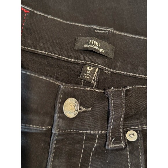 True Religion Men Jeans Black Ricky Relaxed Straight Flap Pocket Dark Wash 34x27 - Picture 4 of 15